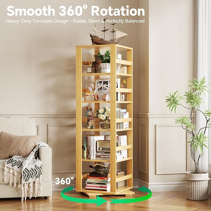 Homykic Rotating Bookshelf, Bamboo 360 Display Spinning Bookshelf Tower, 5-Tier Small Corner Bookcase for Small Spaces, Narrow Revolving Book Shelf Organizer Rack for Home Office, Natural