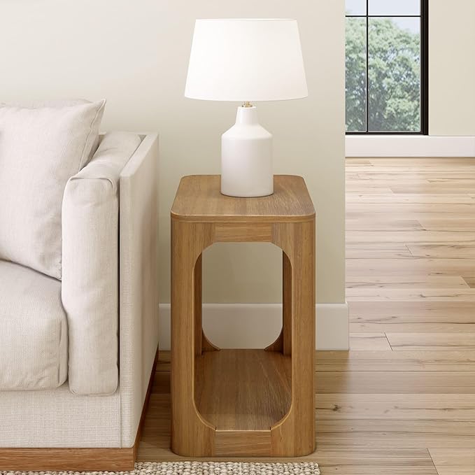 Plank+Beam Modern Rounded Rectangular Side Table with Shelf, Solid Wood End Table for Living Room, 25in, Pecan