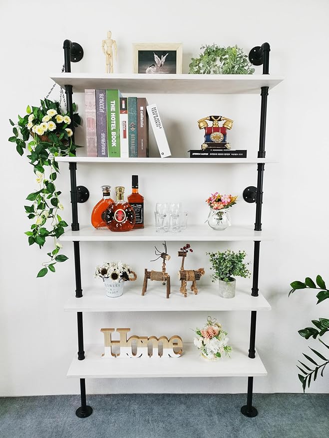Ladder Pipe Shelves, Wall Mounted Industrial Shelves for Living Room Storage (White, 5 Tier - 10" D x 36" W x 70" H)