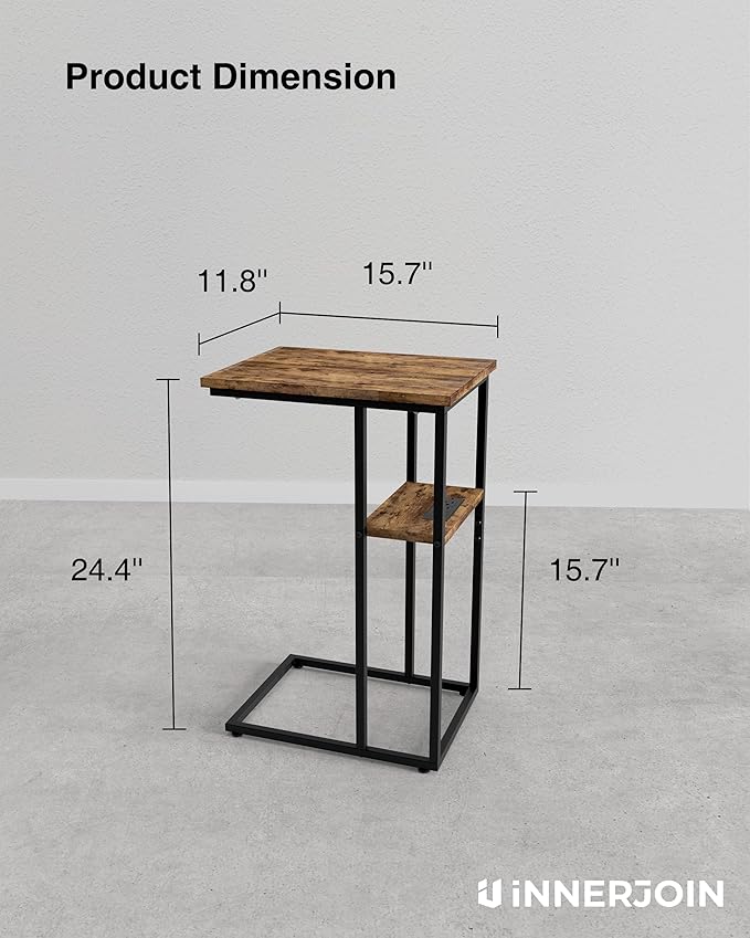 Innerjoin Side Table with Charging Station Set of 2, C Shaped End Table with LED Light Strip, Fast Charge Type C & USB Ports, Small Sofa Snack Laptop Side Table for Living Room Bedroom, Rustic Brown