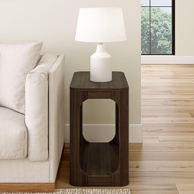 Plank+Beam Modern Rounded Rectangular Side Table with Shelf, Solid Wood End Table for Living Room, 25in, Walnut