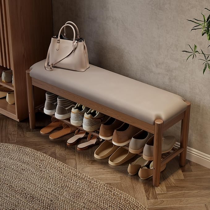 Shoe Bench Entryway with Cushion, Solid Wood Bench with Shoe Storage, 2-Tier Shoe Rack Bench for Entryway,Hallway (Gray)