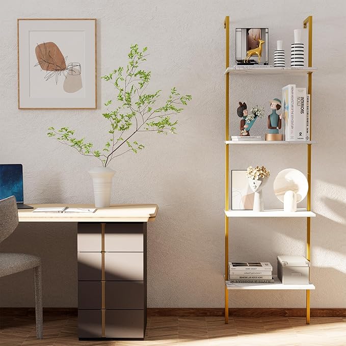 Ladder Shelf 4 Tiers Metal Industrial Bookshelf,White Marble Wood Tall Open Storage Rack and Display Shelves,Wall Mount Wide Book Case for Home Office Bedroom,Small