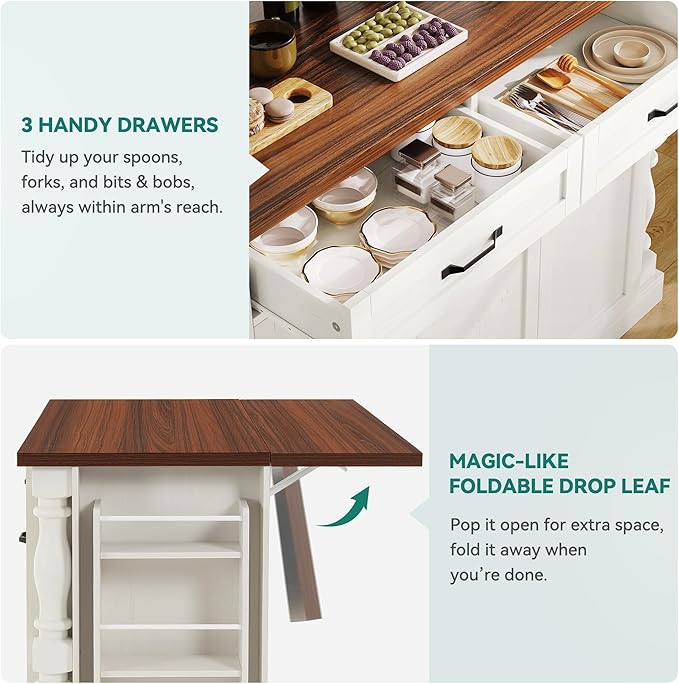 YITAHOME Americana Kitchen Island with Drop Leaf & Power Outlet, 47.6 inch Mobile Butcher Block Island Cart, Pull-Out Trash Can Storage, 3-Tier Spice Rack, White and Walnut