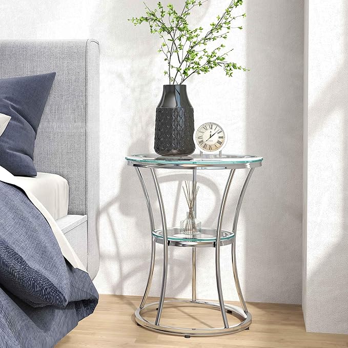O&K FURNITURE Round End Table with Tempered Glass, Small Silver Side Table for Small Spaces, Nightstand with Shelf for Living Room, Bedroom, Office,Chrome Finish, 1 PC