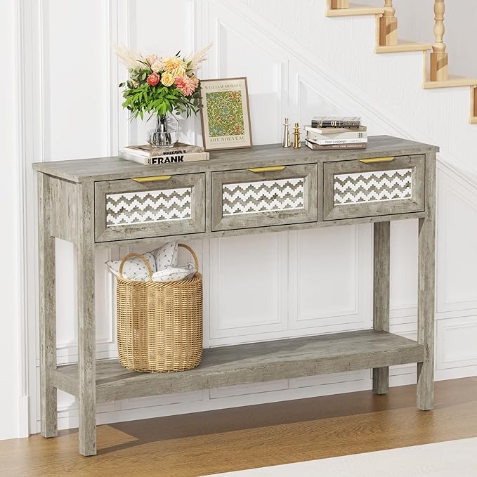 Entryway Table, Rattan Console Table with 3 Storage Drawers and Storage Shelf, Sofa Table with Socket, for Entryway, Living Room, Behind Couch and Hallway (Grey)