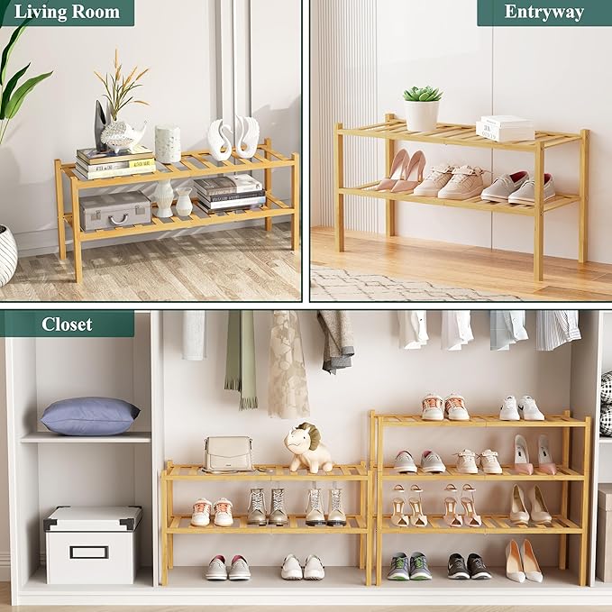 Smiry Shoe Rack, 2 Tier Bamboo Shoe Organizer, Stackable Free Standing Wooden Shoe Storage Shelf for Closet, Entryway, Front Door Entrance, Natural