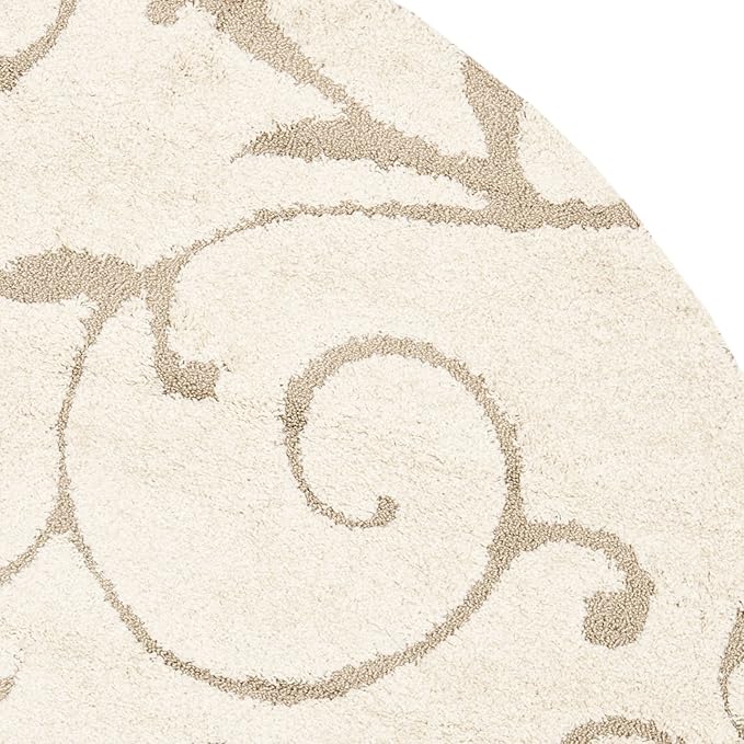 SAFAVIEH Florida Shag Collection Area Rug - 5' Round, Cream & Beige, Scroll Design, Non-Shedding & Easy Care, 1.2-inch Thick Ideal for High Traffic Areas in Living Room, Bedroom (SG455-1113)