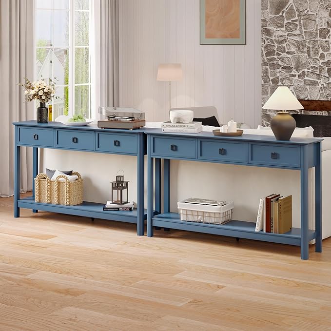 Treocho 53.1" Console Table with 3 Drawers, Modern Entryway Table, 2-Tier Narrow Long Sofa Table Behind Couch Table for Living Room, Hallway, Blue
