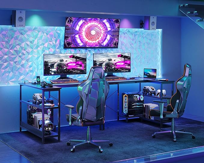 ODK 40 Inch Small L Shaped Gaming Computer Desk with Power Outlets, Corner Desk with Reversible Storage Shelves & PC Stand for Small Space, Modern Simple Home Office Table, Carbon Fiber Surface, Black