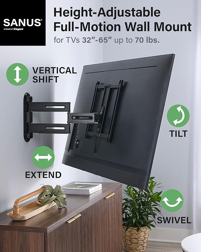 SANUS Height Adjustable Full Motion TV Wall Mount for 32” to 65” TVs – Raise or Lower TV 3” After Install – Maximizes Compatibility with Your Setup – 3 Step DIY w/Smooth Extension, Tilt & Swivel