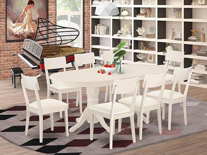 East West Furniture VAAD9-LWH-LC 9 Piece Kitchen Table & Chairs Set Includes an Oval Dining Room Table with Butterfly Leaf and 8 Faux Leather Upholstered Chairs, 40x76 Inch, Linen White