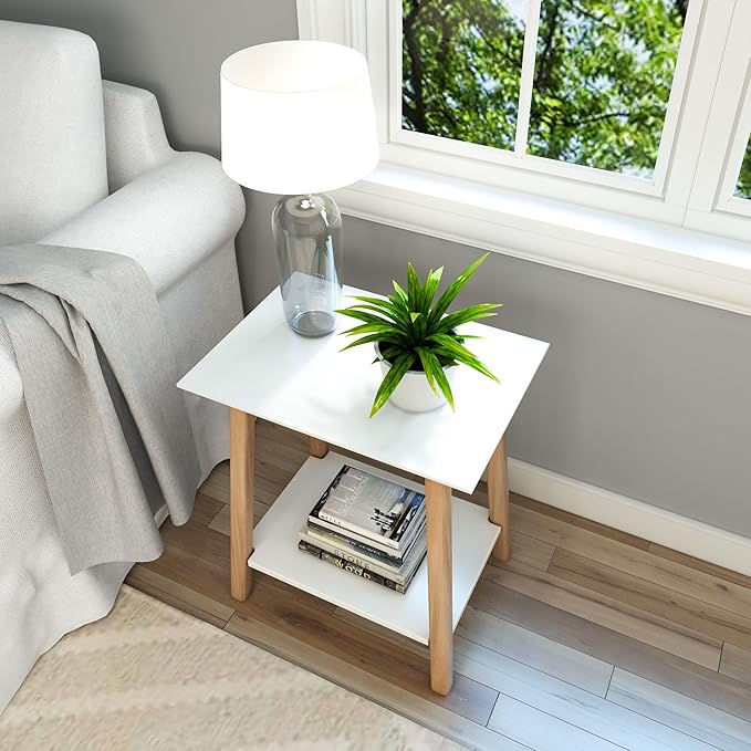 Plank+Beam Wooden Side Table with Storage, Mid Century Modern End Tables for Living Room, Small Solid Wood Nightstand, Bedside Tables, Bedroom Furniture, White/Blonde