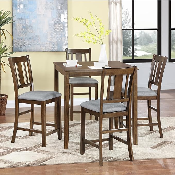 KEIKI 5-Piece Counter Height Dining Table Set with Square Table and 4 Upholstered Slatted Backrset Chair, for 4 Person, Modern Style Wooden Table Set, Easy Assembly, for Kitchen, Dining Room, Walnut