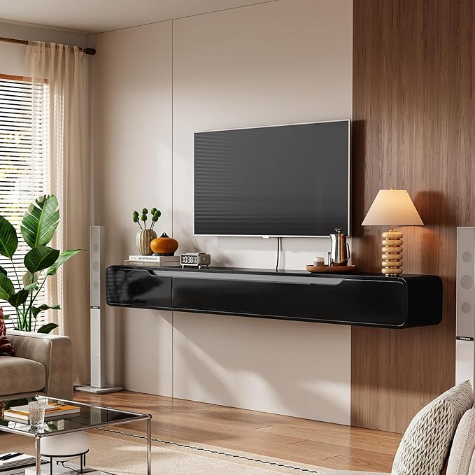 Fully-Assembled Floating TV Stand with Drawers, 55IN High Gloss Wall Mounted Entertainment Center, Modern Media Console with Storage, Under TV Shelf for Bedroom Living Room Black
