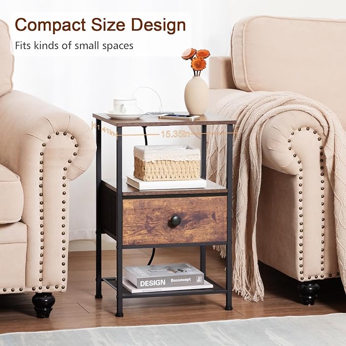 Night Stand Set 2, Nightstand with Charging Station, End Tables Living Room with Fabric Drawer for Small Spaces, Side Tables with Storage Shelf for Bedroom, Rustic Brown HETS010PBR
