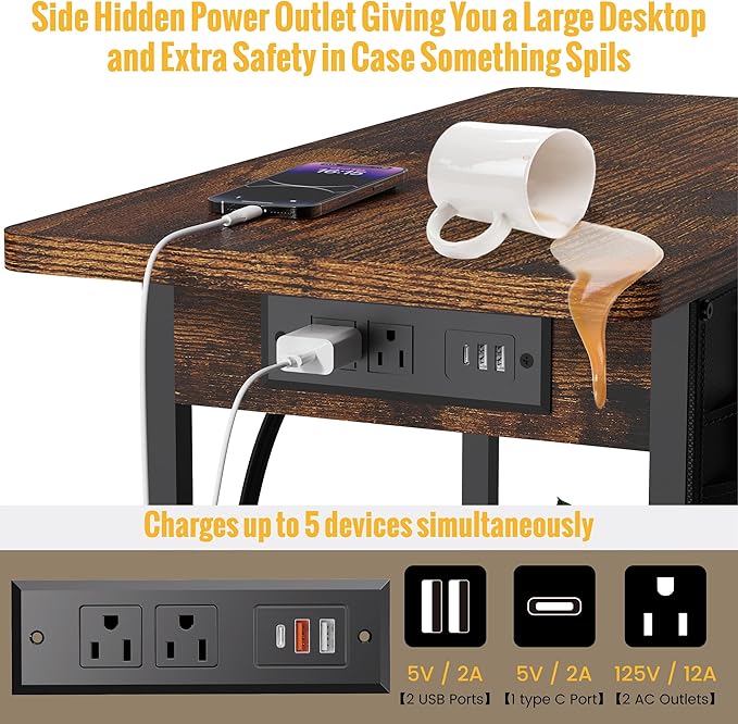 Small Side Table with Charging Station, Narrow Nightstand Bedside Tables with Storage Pocket for Living Room Bedroom, Sofa End Table with USB Ports and Power Outlets for Small Spaces
