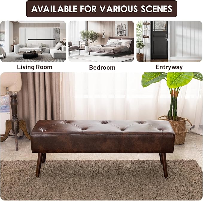 Furniliving 44 Inch Tufted Bench, Leather Footrest Bedroom Bench Seat, Upholstered Leather Indoor Bench Beathable Fabrics Ottoman Bench with X-Shaped Wood Legs for Kitchen, Solid Wood Indoor Bench