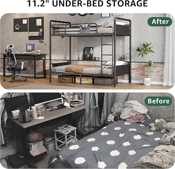 Metal Bunk Bed Twin Over Twin, Industrial Bunkbeds Heavy Duty Bed with Safety Guard Rails and Space-Saving Design, Steel Bed for School, Bedroom (Black)