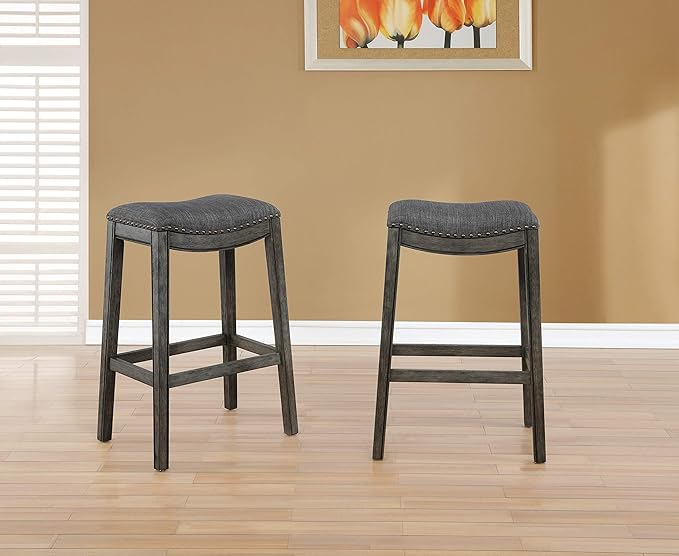 Roundhill Furniture Maroni Faric Upholstery Nailheaded Saddle Barstool, Set of 2, Gray