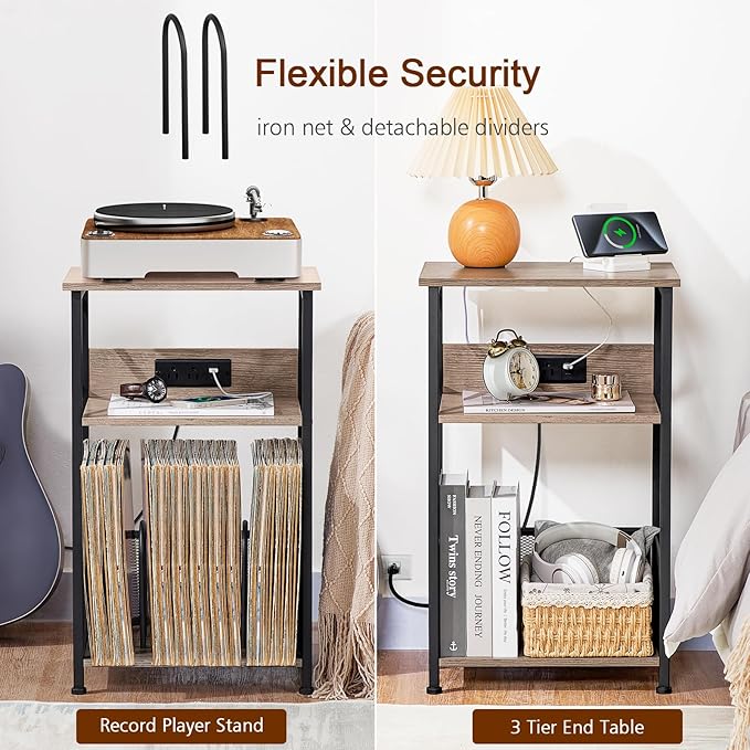 AMHANCIBLE Record Player Stand with Charging Station, Turntable Stand with Storage Cabinet, 3 Tier End Table Hold Up to 100 Albums, Record Stand for Vinyl, Living Room, Greige, HETCD01GY-1