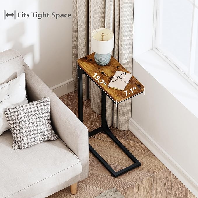 QEEIG Narrow C Shaped Side Table Set of 2 Living Room Sets Slim Couch Tray Tables Skinny Thin Small Farmhouse 7 inch Width, Rustic Brown (017-18BN)