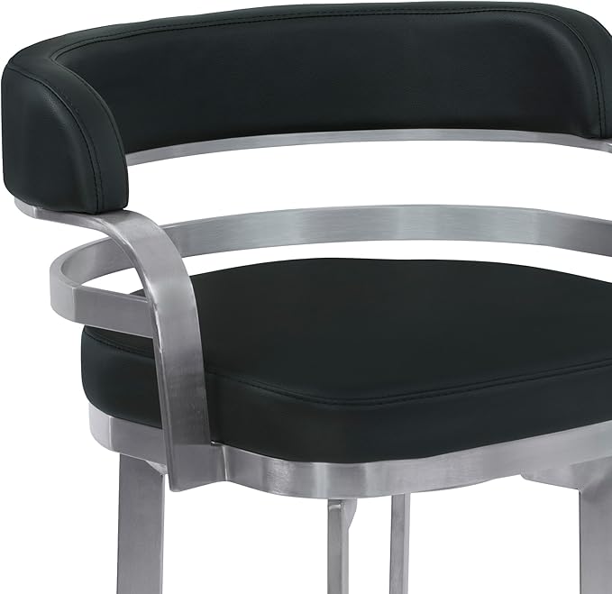 Armen Living Prinz 30" Bar Height Swivel Barstool in Black Faux Leather and Brushed Stainless Steel Finish