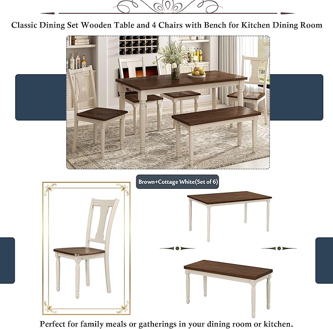 SogesPower Classic 6-Piece Dining Table Set for 4-6,Rectangular Farmhouse Wooden Dining Table Set with 4 Chairs & 1 Bench for Dining Room Living Room,Brown+Cottage White