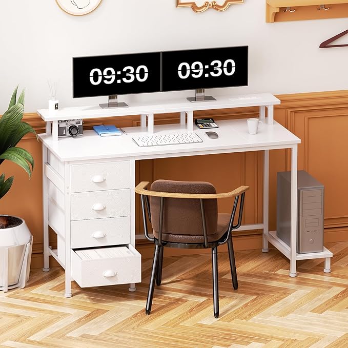 Furologee 47" White Computer Desk with 4 Fabric Drawers & Monitor Stand, Gaming Desk with Power Outlets - LED Lights, Home Office Space-Saving Study Table for Bedroom Small Spaces