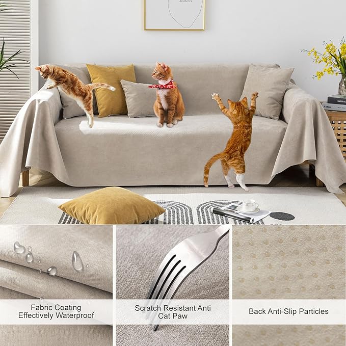 STACYPIK 100% Waterproof Beige Couch Cover, Anti-Scratch Sofa Cover for Dog, Non-Slip Sofa Cover, Furniture Protector for 2 Cushion Couch, Outdoor Water Resistant Loveseat Cover for Sectional-71X118IN