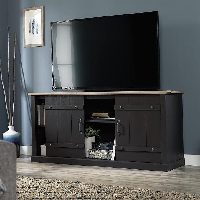 Sauder Misc Entertainment Farmhouse TV Stand, for TVs up to 70", Raven Oak Finish