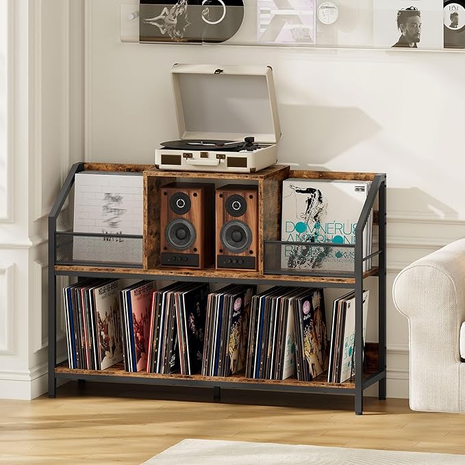 Large Record Player Table, Holds up to 400 Albums, Medieval Rustic Vinyl Record Player Display Stand, Removable Dividers, for CD and Audio Equipment Storage, Rustic Brown TCW77BF