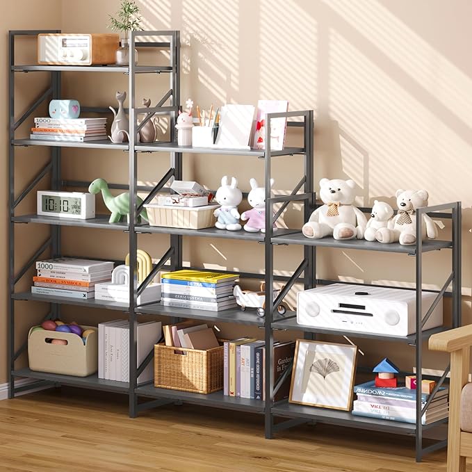 JSB No Assembly Folding Bookshelf, 5 Tier Industrial Metal Book Shelf for Storage, Vintage Wood Foldable Bookcase for Living Room, Bedroom, Office Organization Shelves