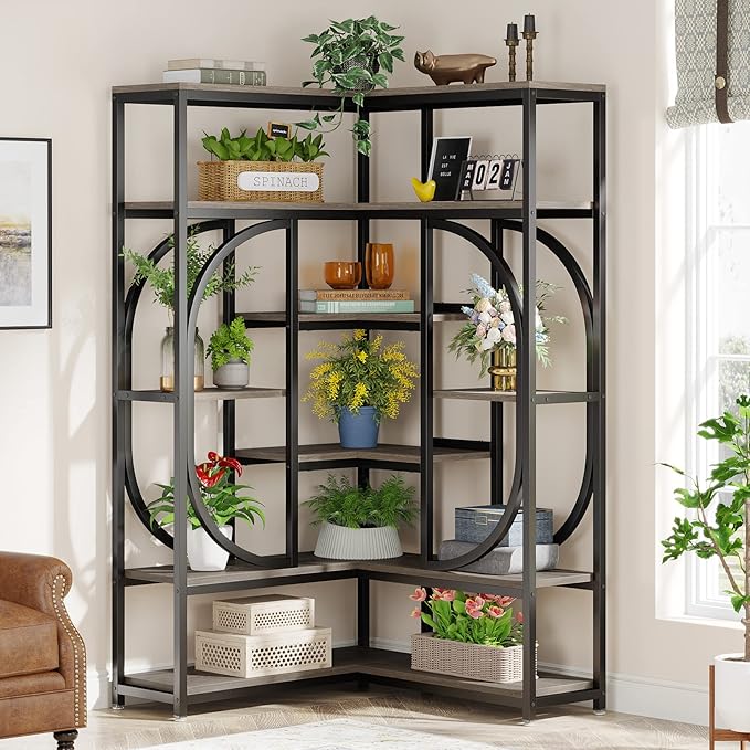LITTLE TREE Large Corner Bookshelf Industrial Bookcase for Living Room Home Office,Grey