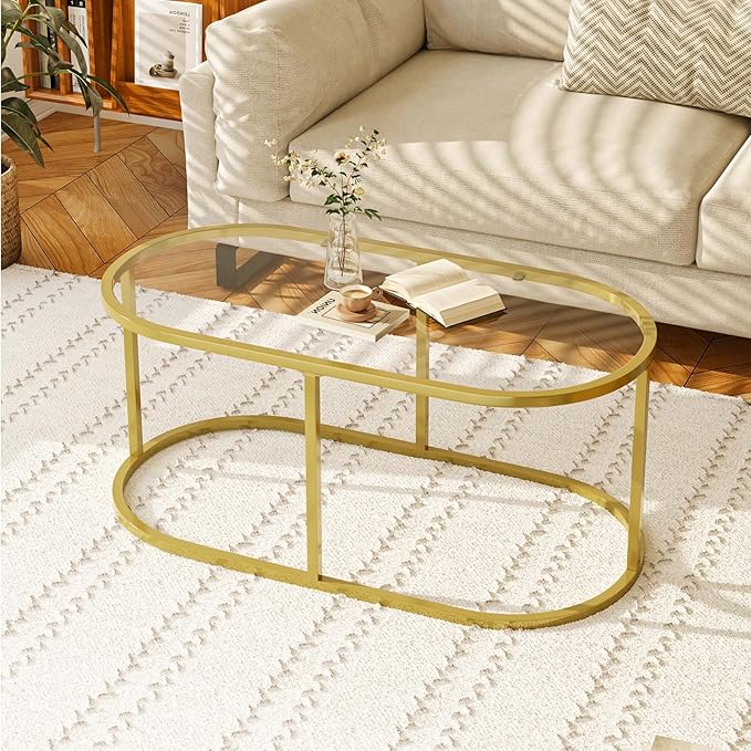 Coffee Table Gold Glass Coffee Tables for Living Room, Oval Table Center Table with Sturdy Metal Frame,Modern Tempered Glass Accent Tables for Bedroom Home Office