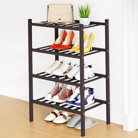 Smiry Shoe Rack, 4 Tier Small Bamboo Shoe Organizer, Stackable Free Standing Wooden Shoe Storage Shelf for Closet, Entryway, Front Door Entrance, Brown