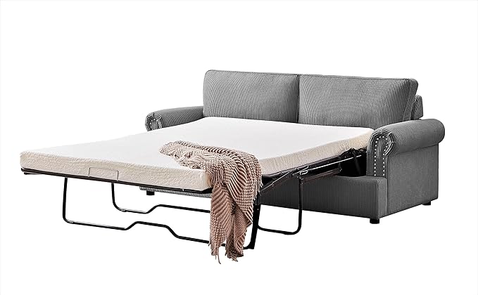 Reversible Sleeper Sofa Bed with Comfortable Memory Foam Mattress, Convertible Corduroy Full Size Pull Out Couch for Living Room, Space Saving Furniture, 72" Wide, Rounded Arms, Grey