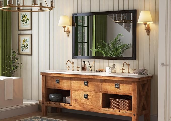 VocalStar Black Wood Framed Mirror 48 x 32 Inch, Rustic Natural Black Wooden Rectangle Bathroom Vanity Wall Mirror for Farmhouse Boho Decor, 1/4-inch Shatterproof Glass | Waterproof