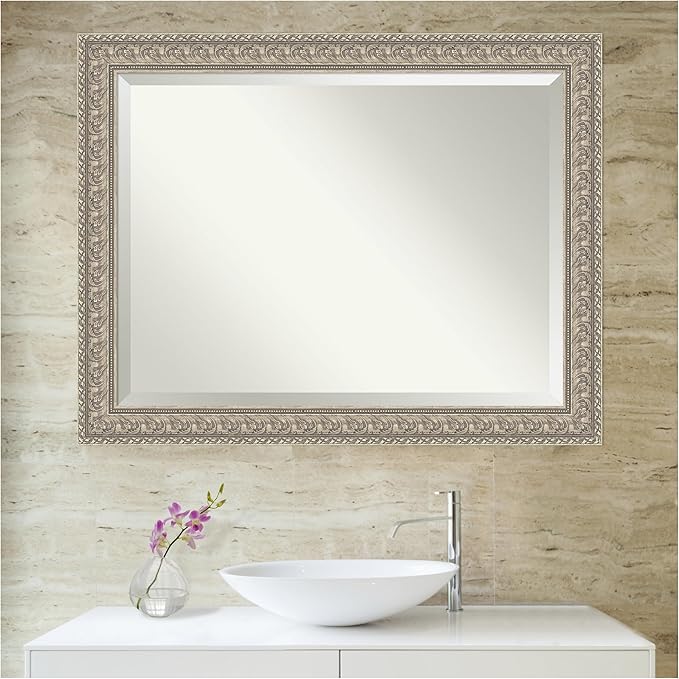 Amanti Art Silver Bathroom Mirror for Over Sink, 37x47 Sydney Silver Rectangle Vanity Mirror, X-Large Traditional Frame, Hangs Horizonally and Vertically, Bathroom Wall Decor, Beveled Edge