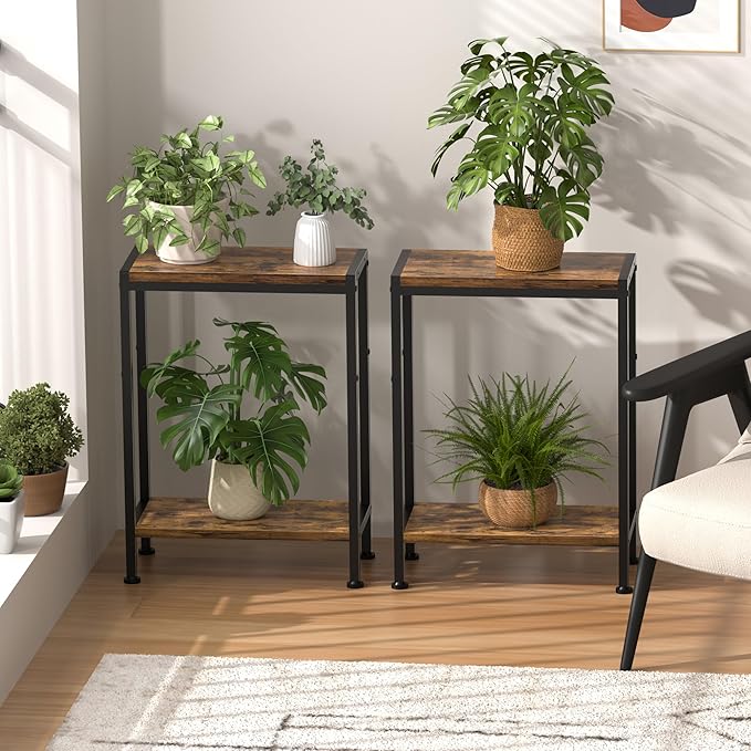 Narrow Side Table for Small Space Set of 2, 2-Tier Small End Table with Shelf Holder, Slim Nightstand, Skinny Snack Couch Table in Living Room, Bedroom, Study, Kitchen and Balcony（Rustic Brown