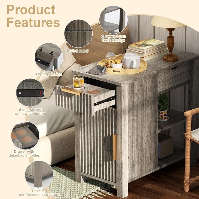 End Table with Charging Station 24'' Nightstand with Charging Station Vintage Side Table with Storage Wooden Sofa Side Table and Outlets Bedside Table for Living Room Office Bedroom (Grey)