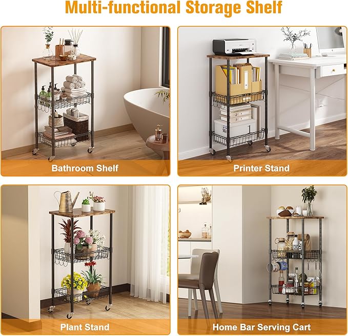 Rolling Kitchen Storage Cart, 3-Tier Storage Rack on Caster Wheels with Adjustable 2 Baskets, Coffee Station Cart Rack Shelf Organizer for Living Room Office, Balcony, Rustic Brown/Black
