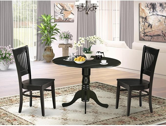 East West Furniture DLVA3-BLK-W 3 Piece Dinette Set for Small Spaces Contains a Round Dining Table with Dropleaf and 2 Dining Chairs, 42x42 Inch, Black