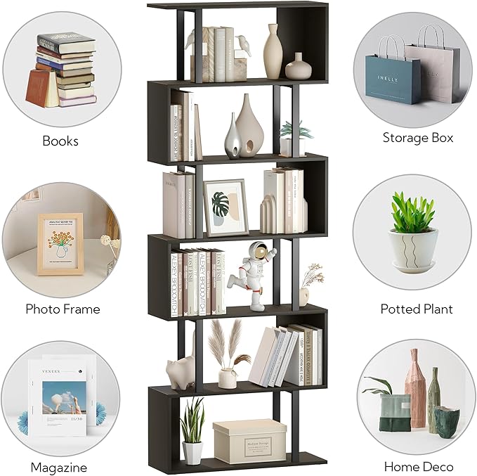 Yusong S Shaped Bookshelf, Modern Geometric Bookcase, 6-Tier Black Display Case Book Shelf