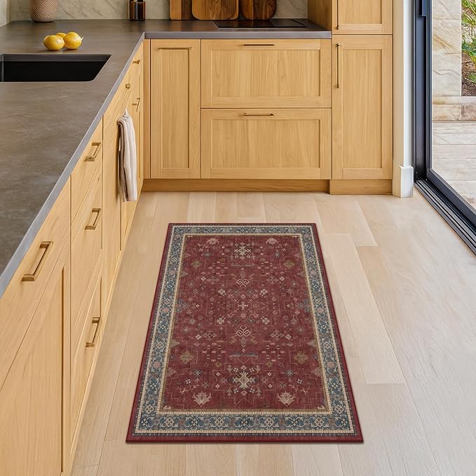 Burgundy 2x4 Washable Entry Rug for Inside House, Kitchen Floor, Thin Door Mats for Inside Entry, Washable Non Slip Low Pile Stain & Fade Resistant, Modern Eclectic Floral Decor