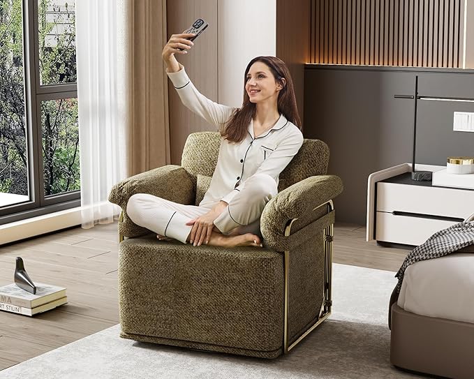 KEIKI Modern Comfy Swivel Accent Reading Chair with Waist Pillows, 360°Square Upholstered Barrel Armchair Single Club Lounge Sofa Chairs for Living Room,Bedroom,Office,Brown