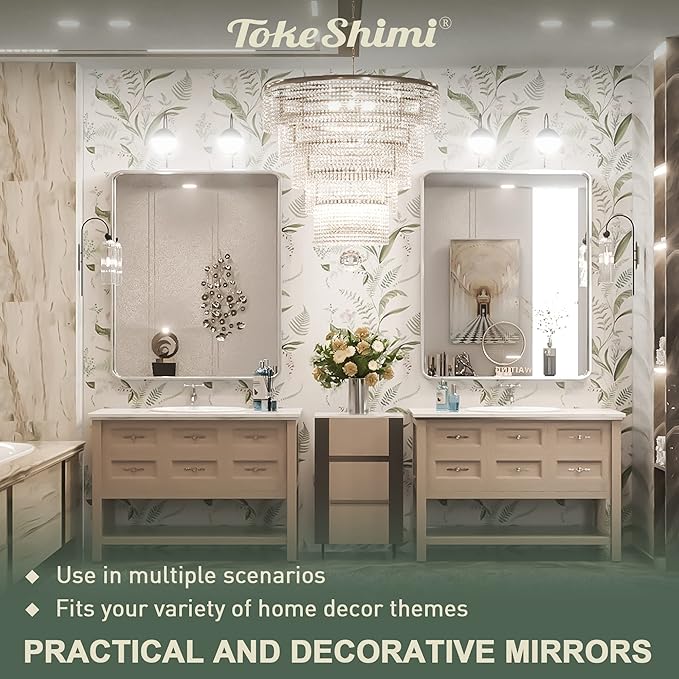 TokeShimi 30 x 36 Inch Brushed Silver Bathroom Mirror for Wall Brushed Brass Metal Rounded Corner Rectangle Mirror Metal Frame Deep Set Design Hangs Horizontal Or Vertical