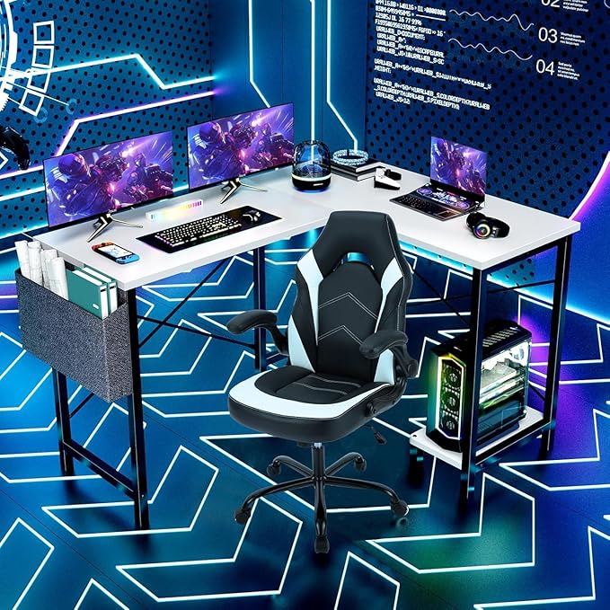 Whitmor L Shaped Gaming Desk - 50 Inch Reversible Corner Computer Desk with Wood Top, Metal Frame, CPU Stand & Side Bag, Home Office Dorm Sturdy Writing Workstation, White
