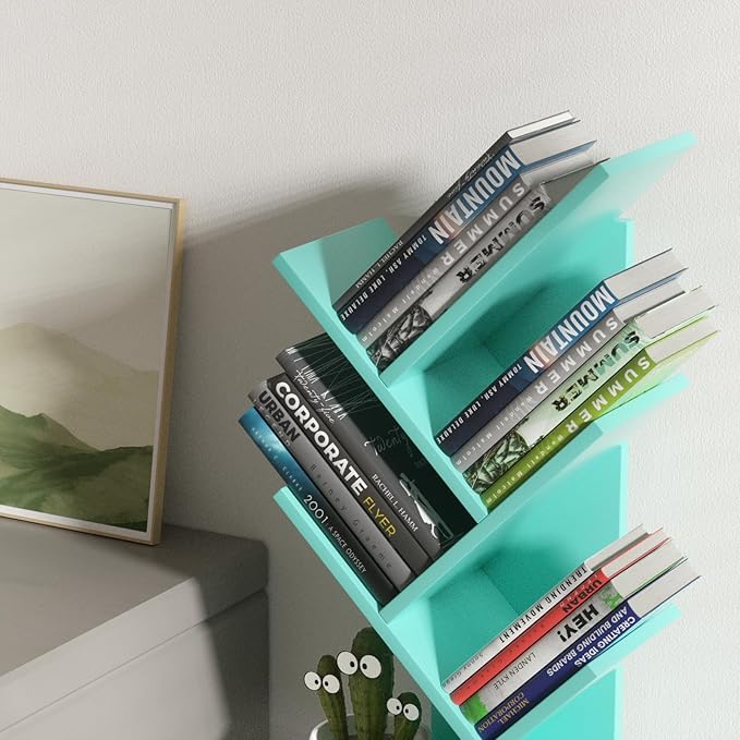 5 Tier Tree Book Shelf, Small Desktop Bookshelf with Storage Organizer, Wood Bookcase, Desk Display Bookshelves, Floor Standing Organizer Bookcases for Living Room,Bedroom,Office-Green