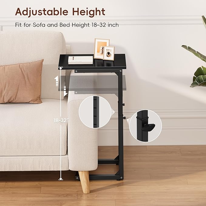 Vagusicc C Shaped End Table, 33" Tall Couch Table Adjustable Height Side Table, Sofa Table That Slide Under, C Table End Table TV Tray Coffee Arm Table for Living Room, Bedroom, Small Spaces, Black
